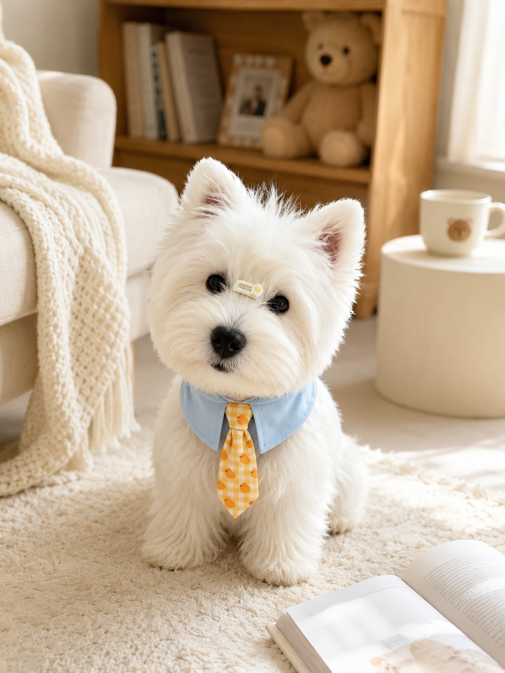 Light Blue Collar Yellow Chick Check Pet Tie Collar, Adjustable Cute Puppy Necktie, Gentle Daily Pet Accessory for Outdoor Walks & Pet Photography