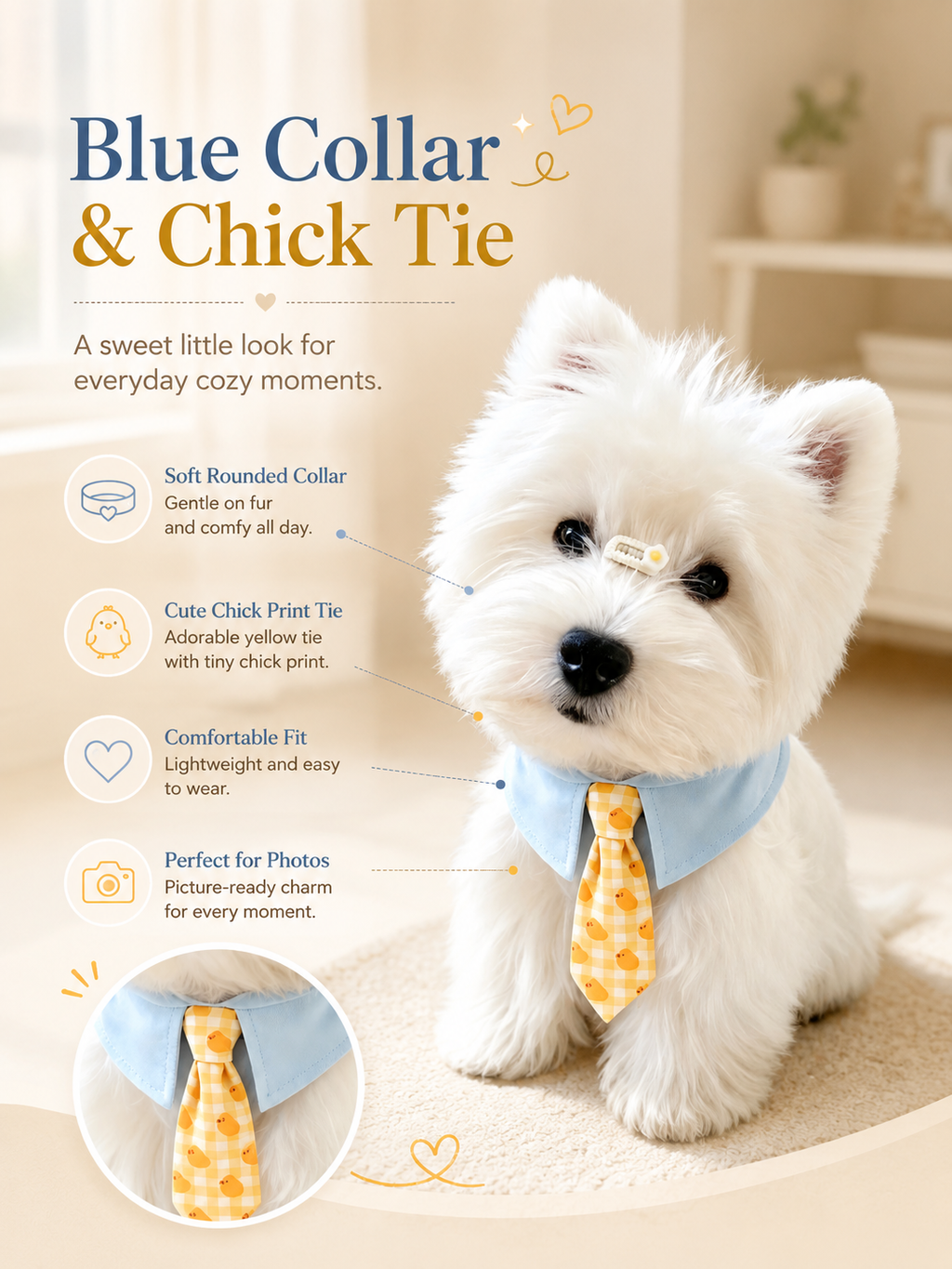 Light Blue Collar Yellow Chick Check Pet Tie Collar, Adjustable Cute Puppy Necktie, Gentle Daily Pet Accessory for Outdoor Walks & Pet Photography
