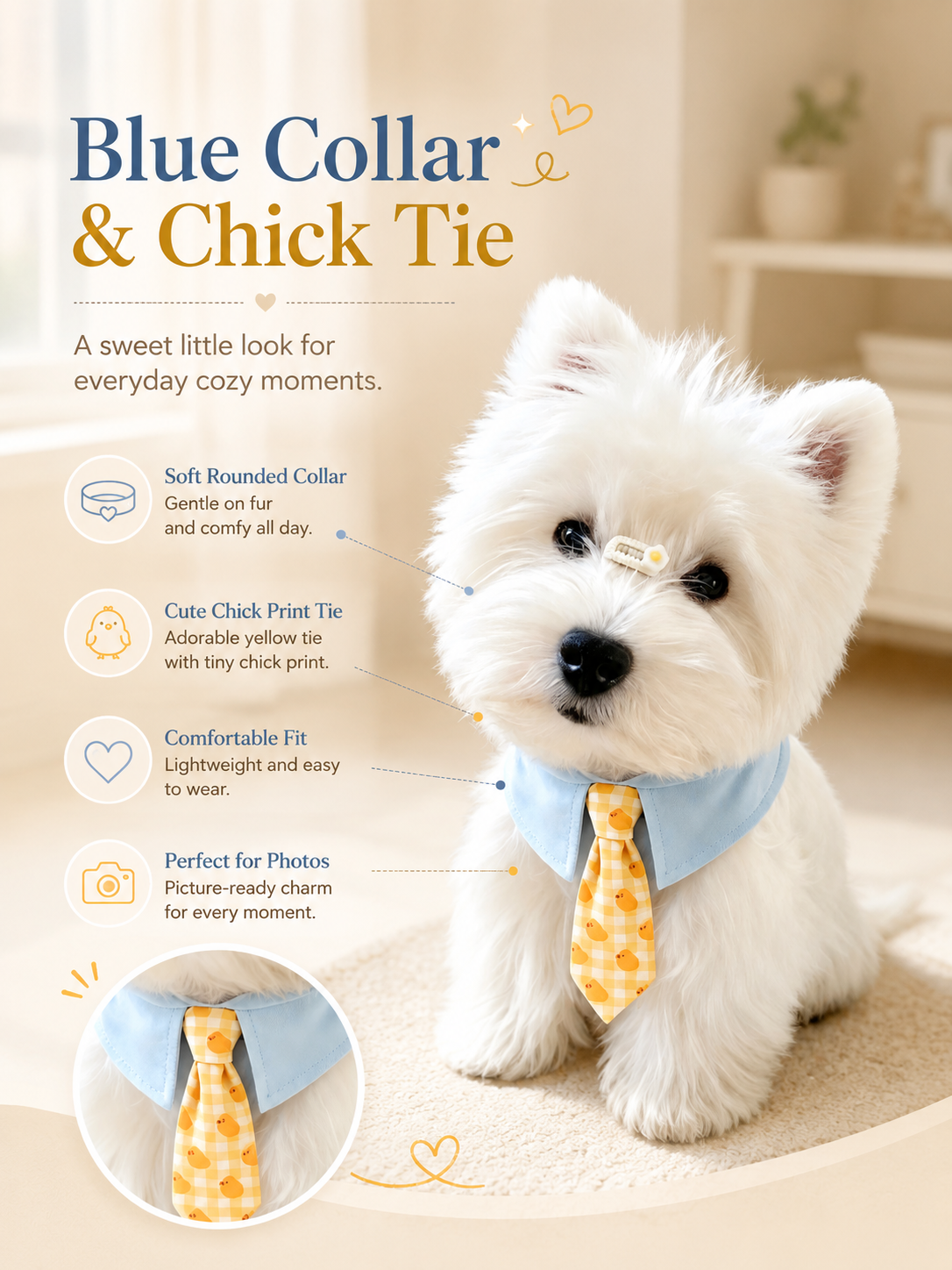 Light Blue Collar Yellow Chick Check Pet Tie Collar, Adjustable Cute Puppy Necktie, Gentle Daily Pet Accessory for Outdoor Walks & Pet Photography