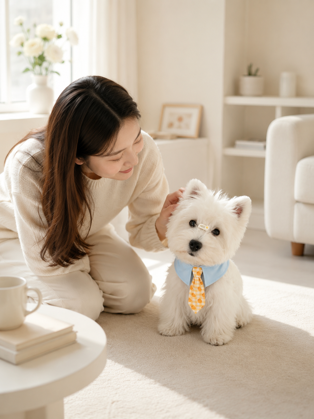Light Blue Collar Yellow Chick Check Pet Tie Collar, Adjustable Cute Puppy Necktie, Gentle Daily Pet Accessory for Outdoor Walks & Pet Photography