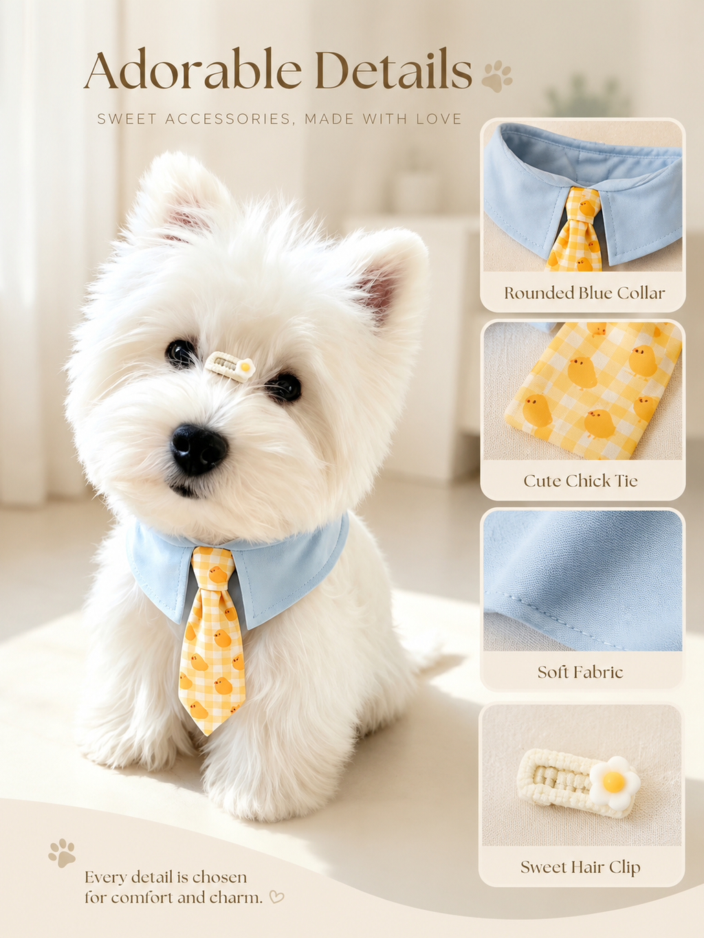 Light Blue Collar Yellow Chick Check Pet Tie Collar, Adjustable Cute Puppy Necktie, Gentle Daily Pet Accessory for Outdoor Walks & Pet Photography