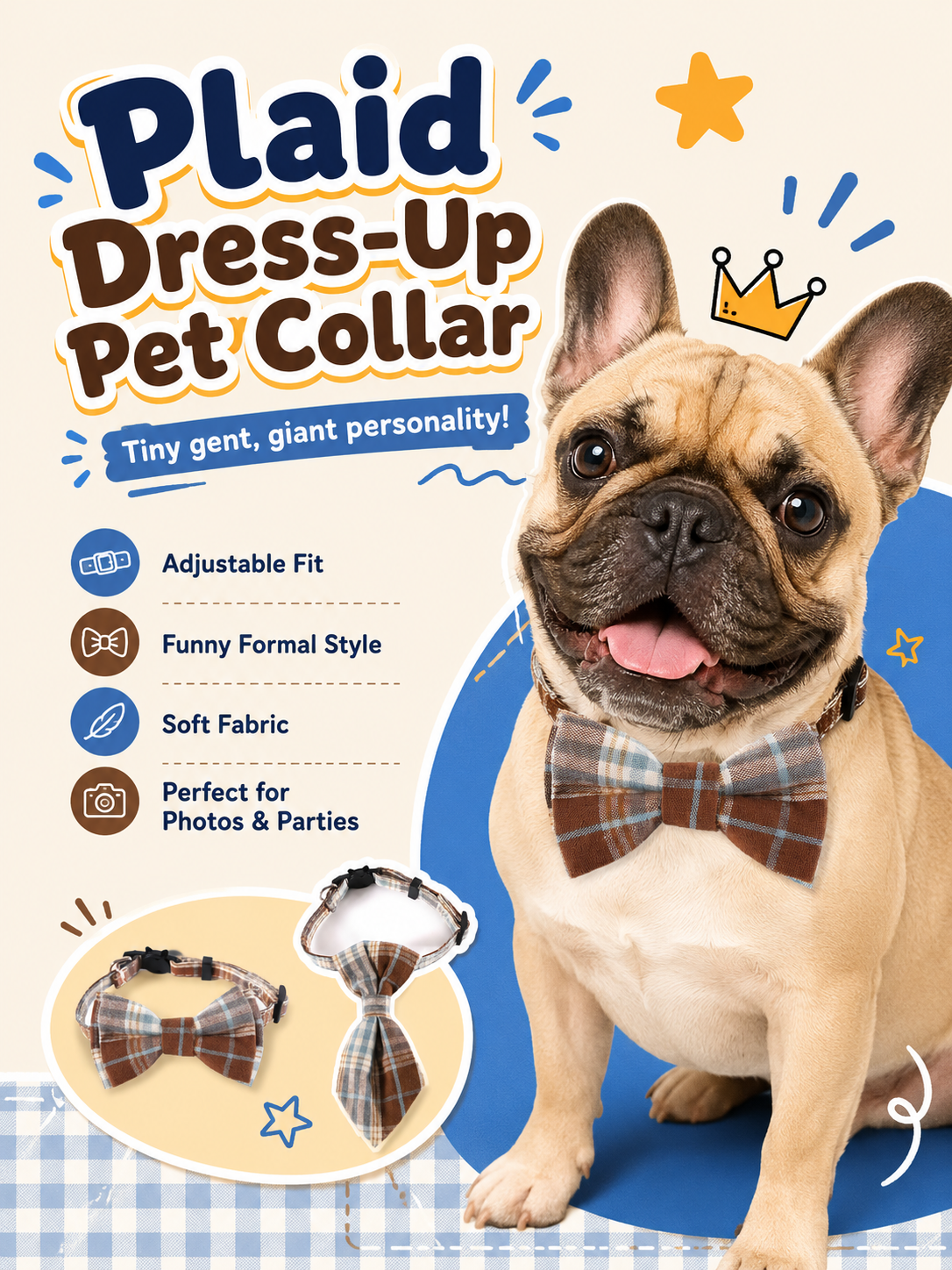 Brown Plaid Pet Bow Tie Collar, Adjustable Soft Fabric Dog Bowtie, Classic Gentleman Puppy Accessory for Party, Wedding & Pet Photoshoot