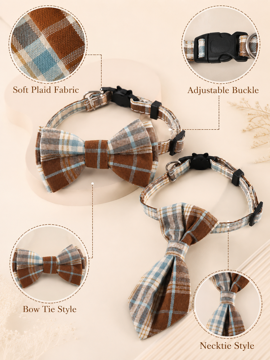 Brown Plaid Pet Bow Tie Collar, Adjustable Soft Fabric Dog Bowtie, Classic Gentleman Puppy Accessory for Party, Wedding & Pet Photoshoot