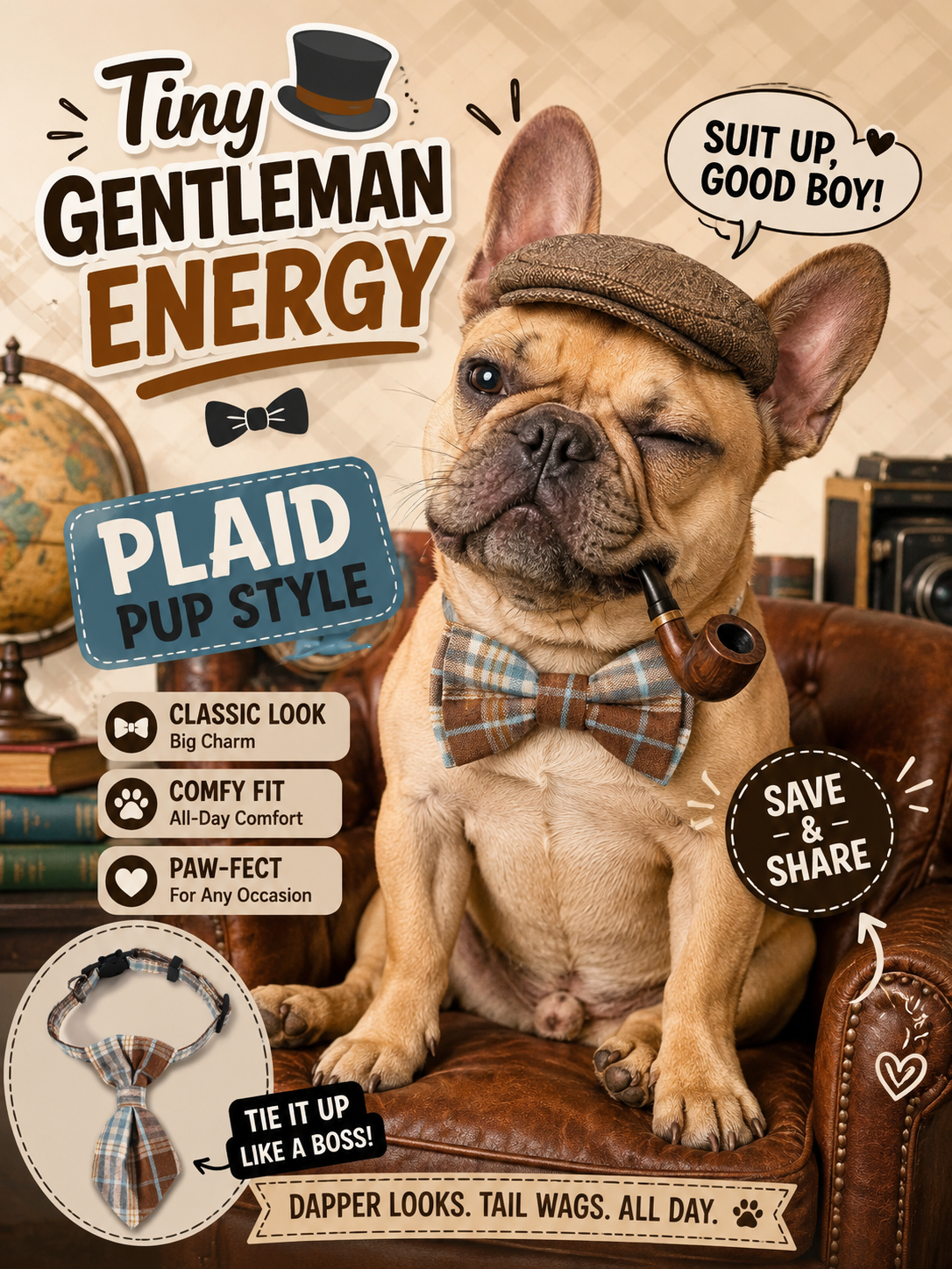 Brown Plaid Pet Bow Tie Collar, Adjustable Soft Fabric Dog Bowtie, Classic Gentleman Puppy Accessory for Party, Wedding & Pet Photoshoot