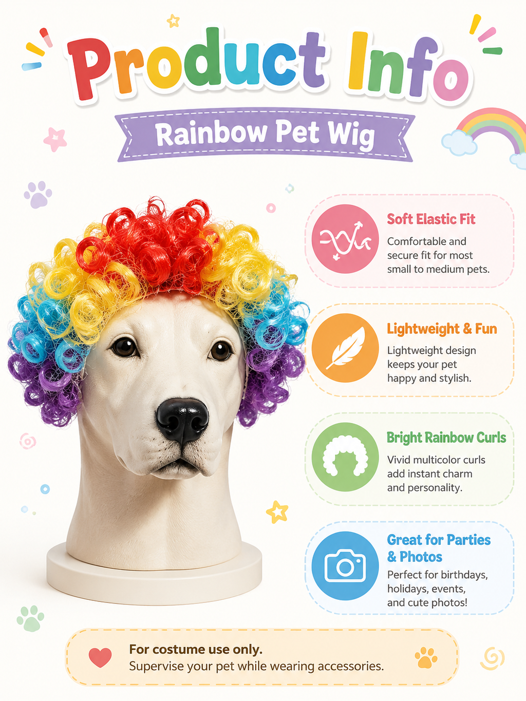Pet Rainbow Clown Wig, Funny Colorful Dog Costume Wig for Party Cosplay Photo Props