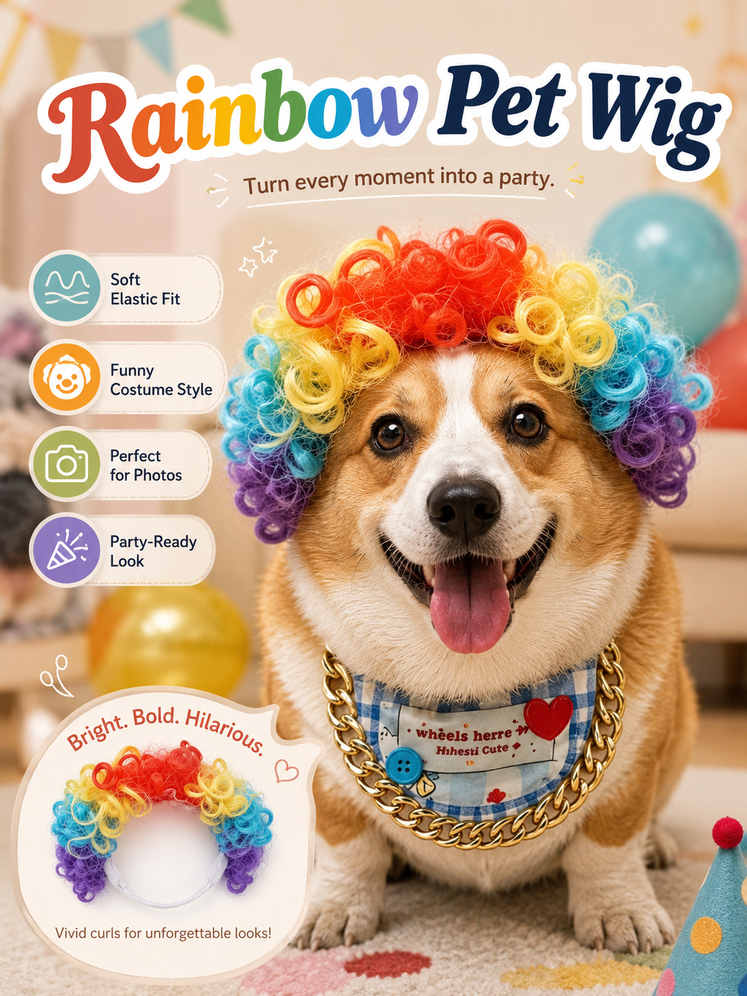 Pet Rainbow Clown Wig, Funny Colorful Dog Costume Wig for Party Cosplay Photo Props
