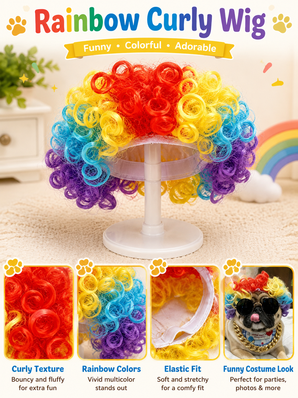 Pet Rainbow Clown Wig, Funny Colorful Dog Costume Wig for Party Cosplay Photo Props