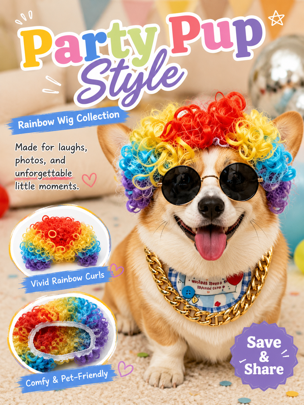 Pet Rainbow Clown Wig, Funny Colorful Dog Costume Wig for Party Cosplay Photo Props