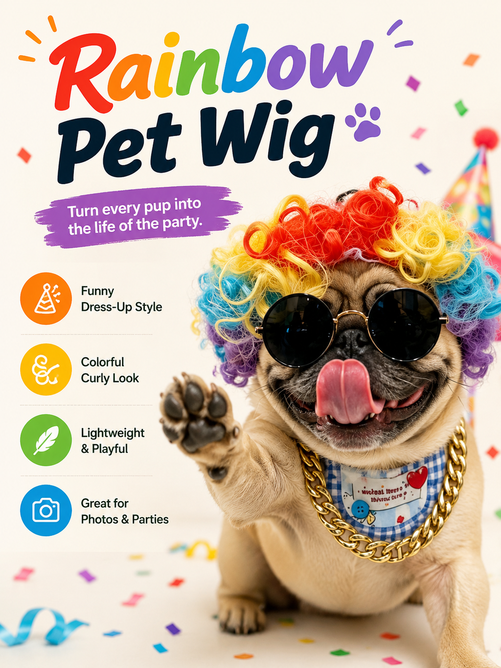 Pet Rainbow Clown Wig, Funny Colorful Curly Wig for Dog Cat Party Cosplay Photo Props