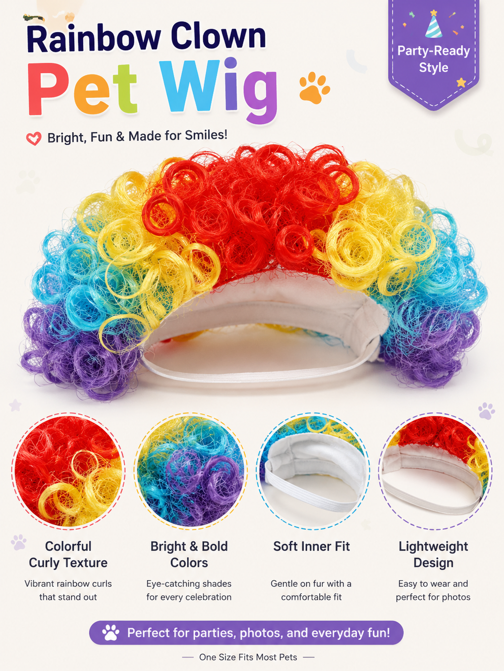 Pet Rainbow Clown Wig, Funny Colorful Curly Wig for Dog Cat Party Cosplay Photo Props