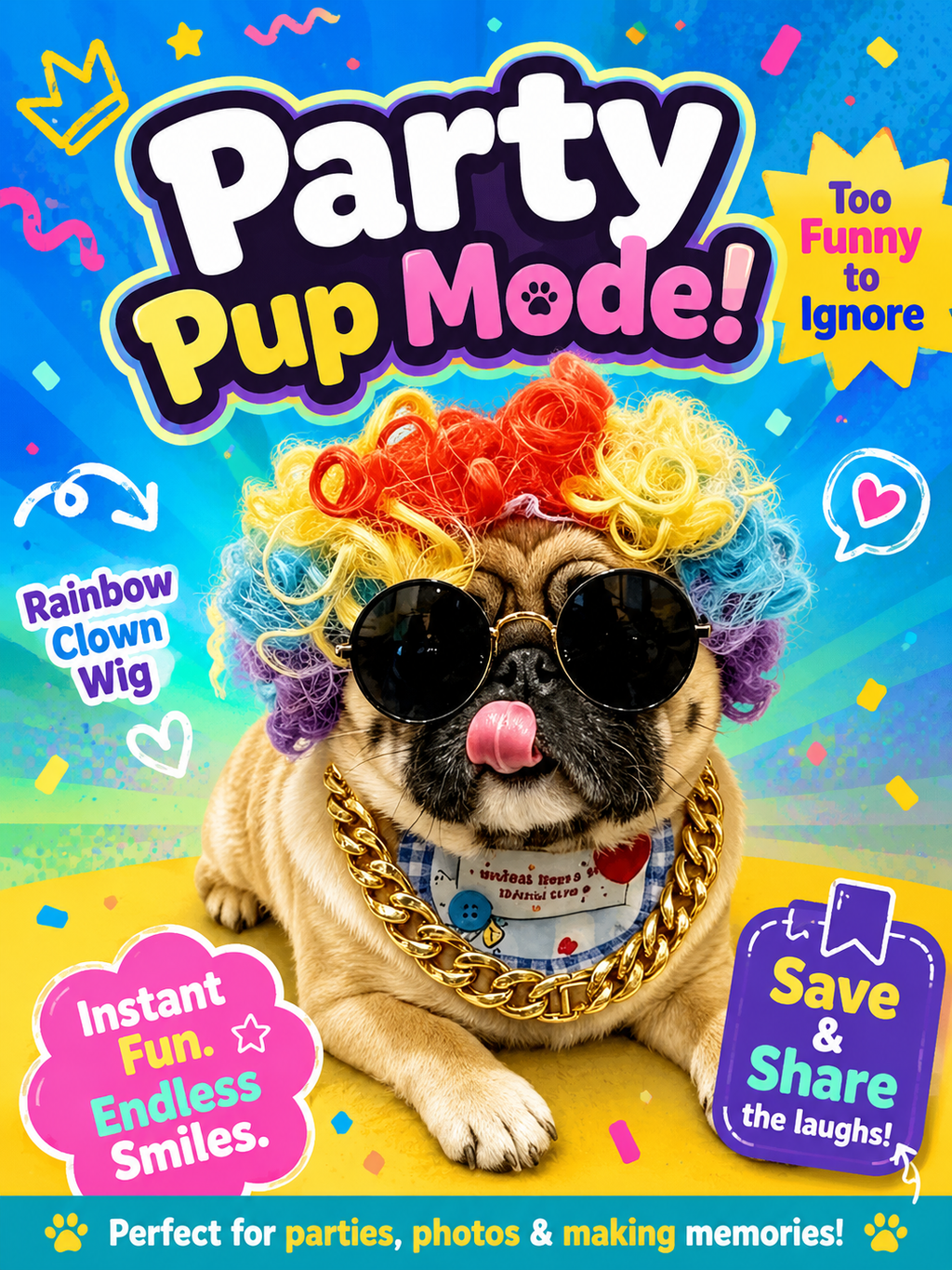 Pet Rainbow Clown Wig, Funny Colorful Curly Wig for Dog Cat Party Cosplay Photo Props