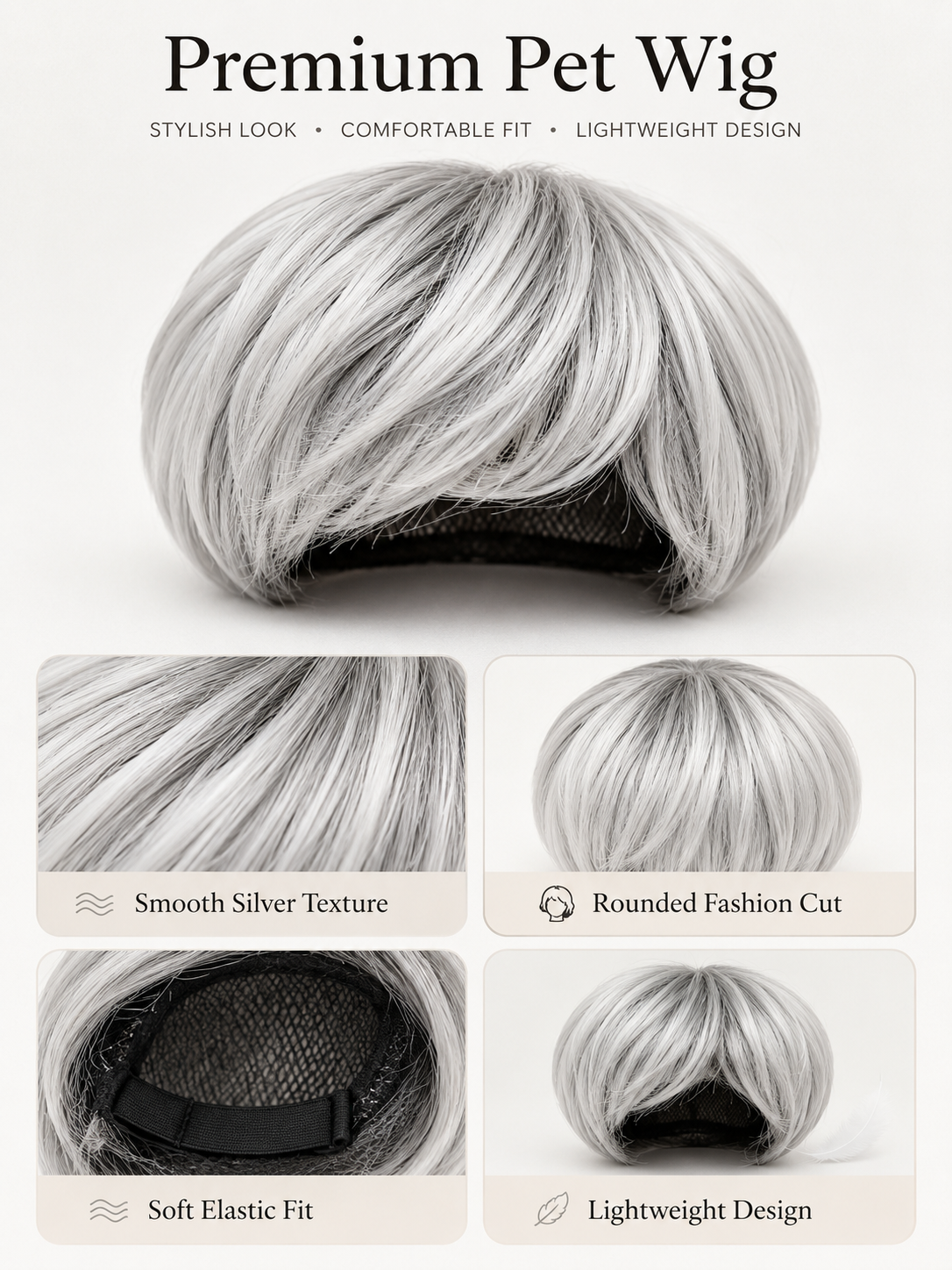 Silver Short Pet Wig, Funny Stylish Dog Cat Costume Wig for Cosplay Party Photo Props