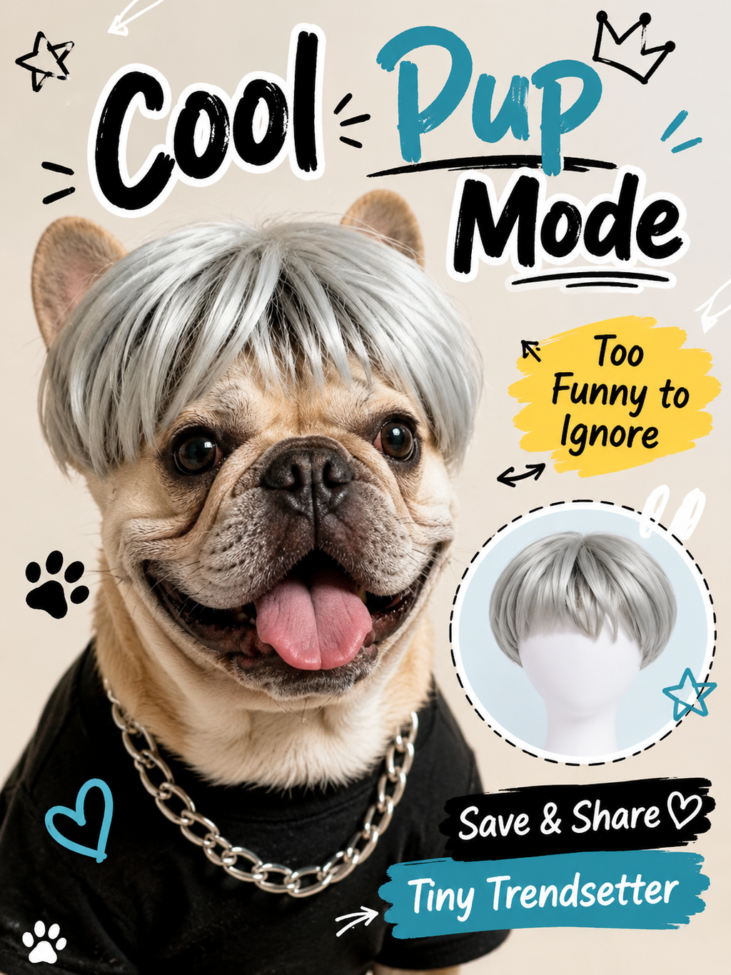 Silver Short Pet Wig, Funny Stylish Dog Cat Costume Wig for Cosplay Party Photo Props