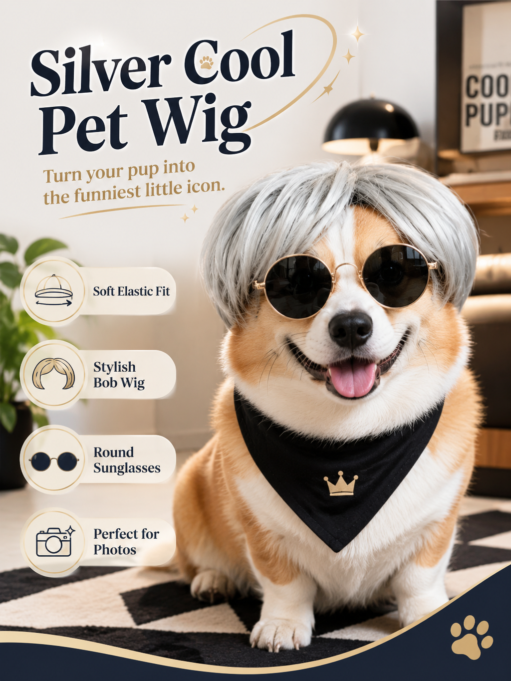 Silver Bob Pet Wig, Stylish Cool Dog Cat Costume Wig For Party Cosplay Photography Props