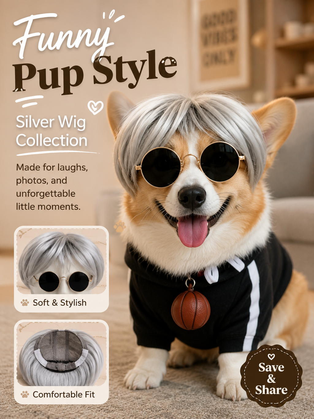 Silver Bob Pet Wig, Stylish Cool Dog Cat Costume Wig For Party Cosplay Photography Props