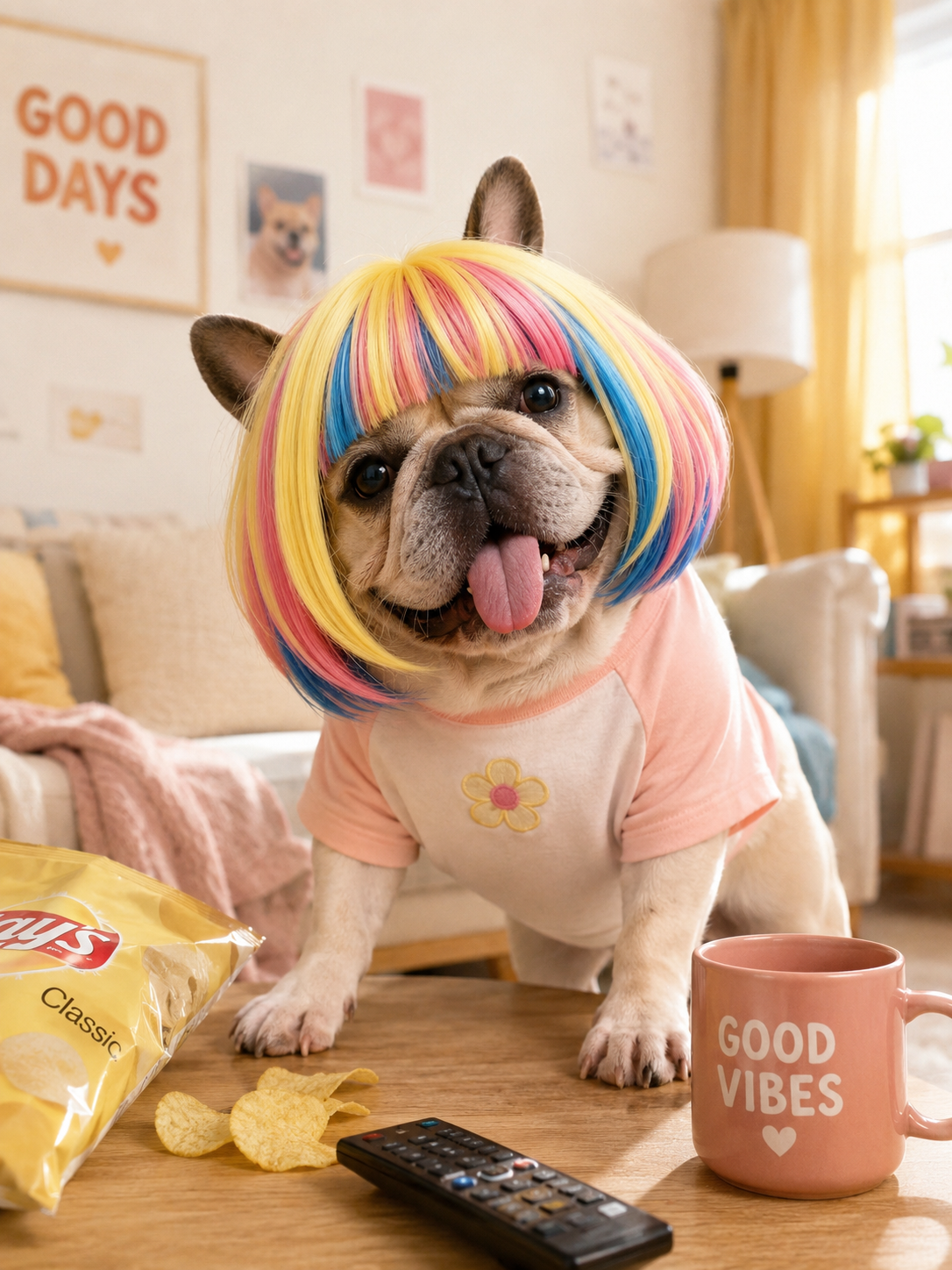 Rainbow Bob Pet Wig, Colorful Straight Bangs Dog Cat Costume Wig for Party Cosplay Photo Props