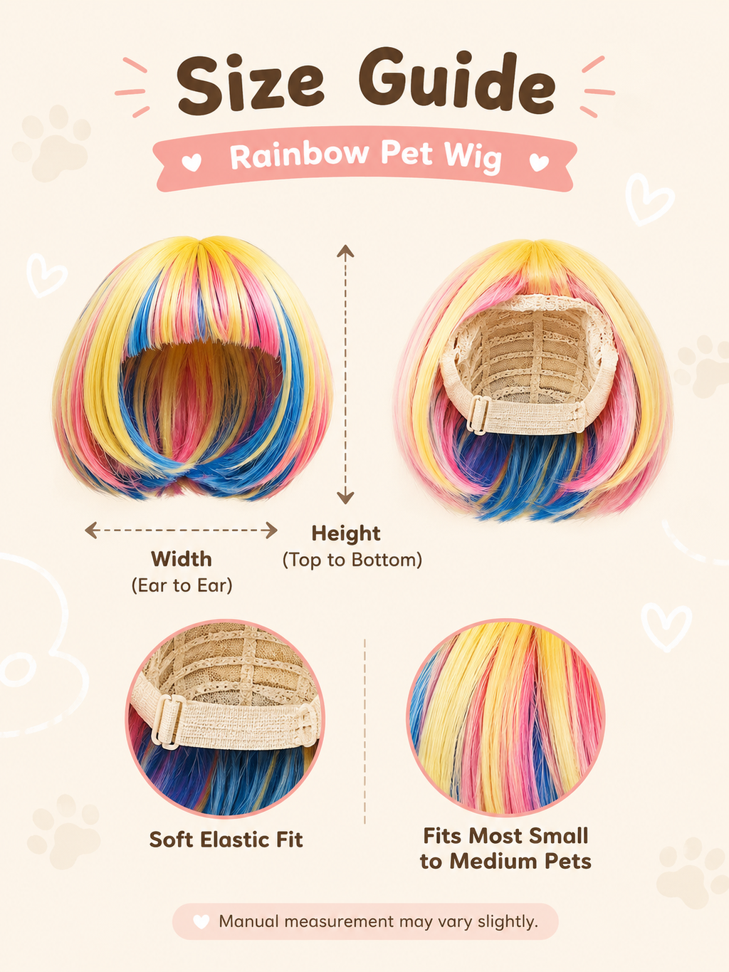 Rainbow Bob Pet Wig, Colorful Straight Bangs Dog Cat Costume Wig for Party Cosplay Photo Props