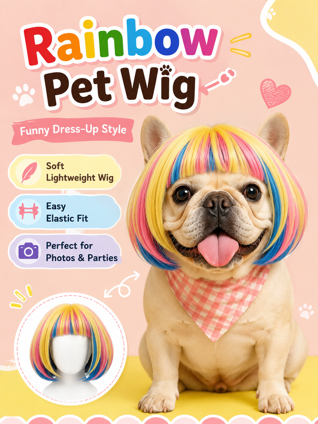 Rainbow Bob Pet Wig, Colorful Straight Bangs Dog Cat Costume Wig for Party Cosplay Photo Props