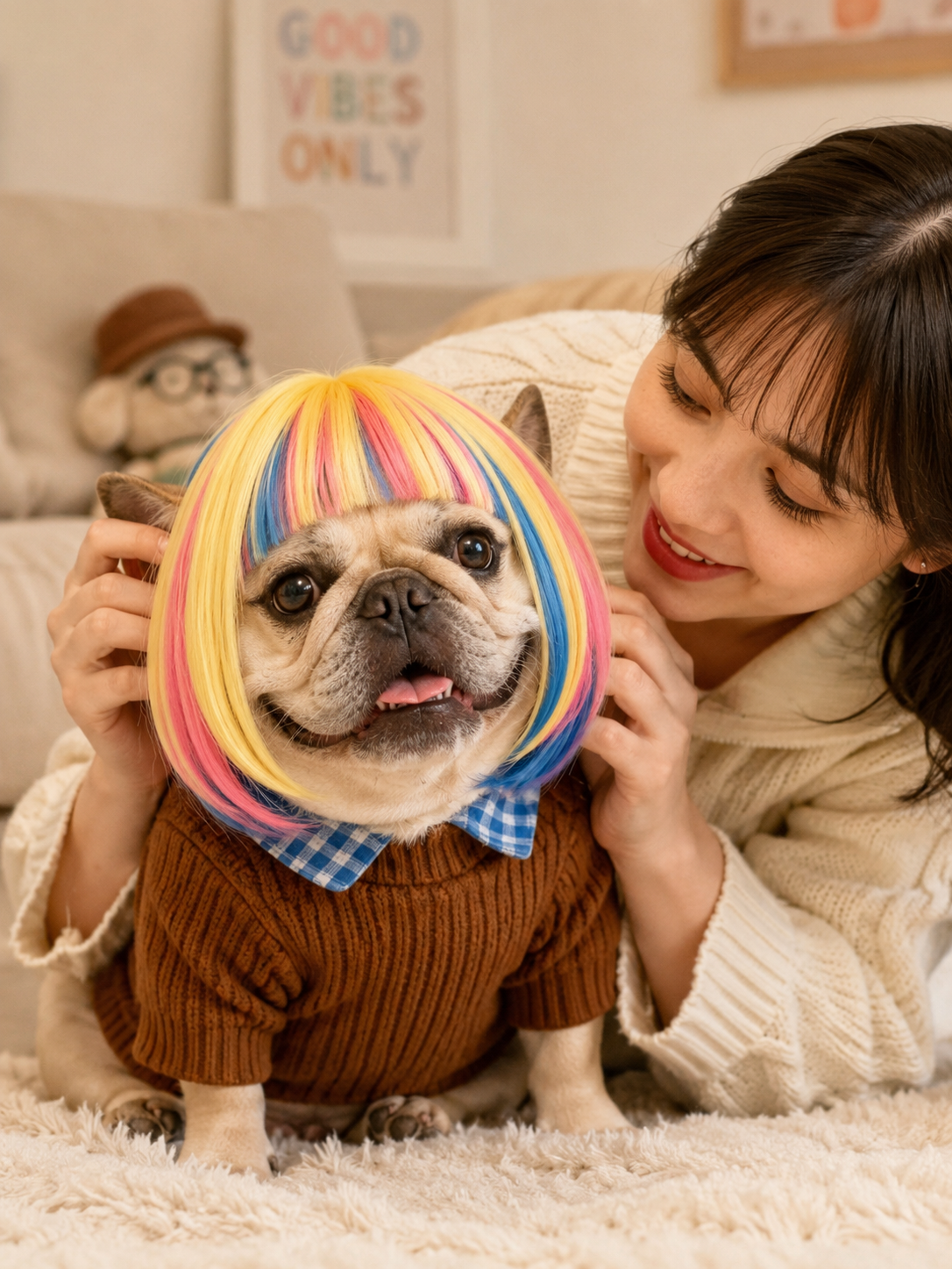 Rainbow Bob Pet Wig, Colorful Straight Bangs Dog Cat Costume Wig for Party Cosplay Photo Props