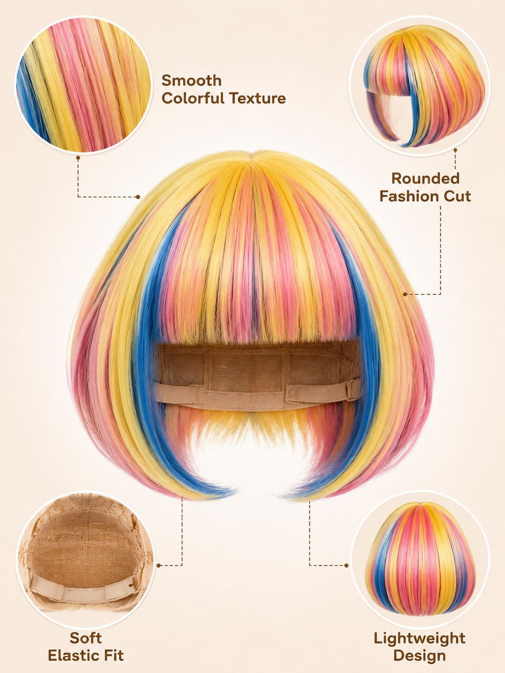 Rainbow Bob Pet Wig, Colorful Straight Bangs Dog Cat Costume Wig for Party Cosplay Photo Props