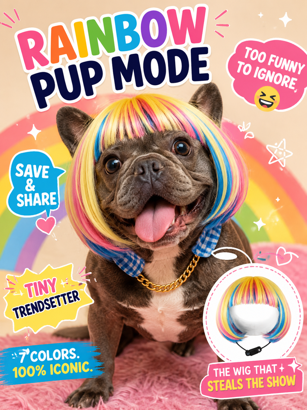 Rainbow Bob Pet Wig, Colorful Straight Bangs Dog Cat Costume Wig for Party Cosplay Photo Props