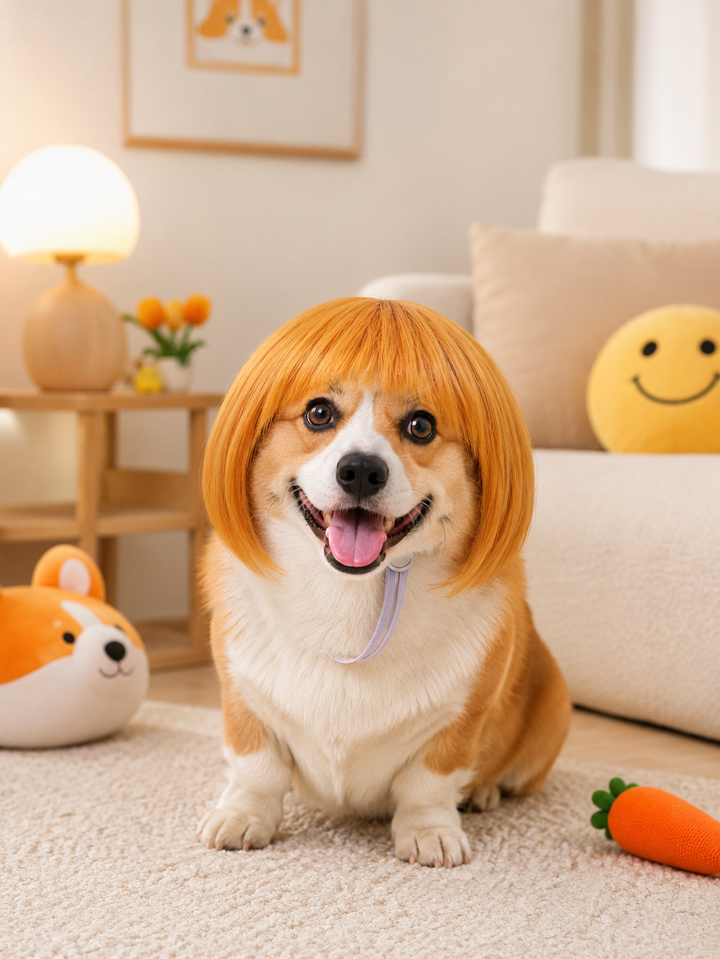 Orange Bob Pet Wig, Funny Silky Straight Bangs Dog Cat Costume Wig for Party Cosplay Photo Props