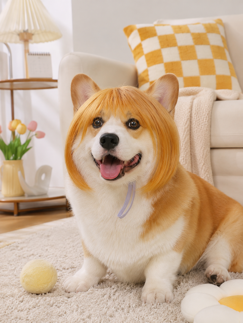 Orange Bob Pet Wig, Funny Silky Straight Bangs Dog Cat Costume Wig for Party Cosplay Photo Props