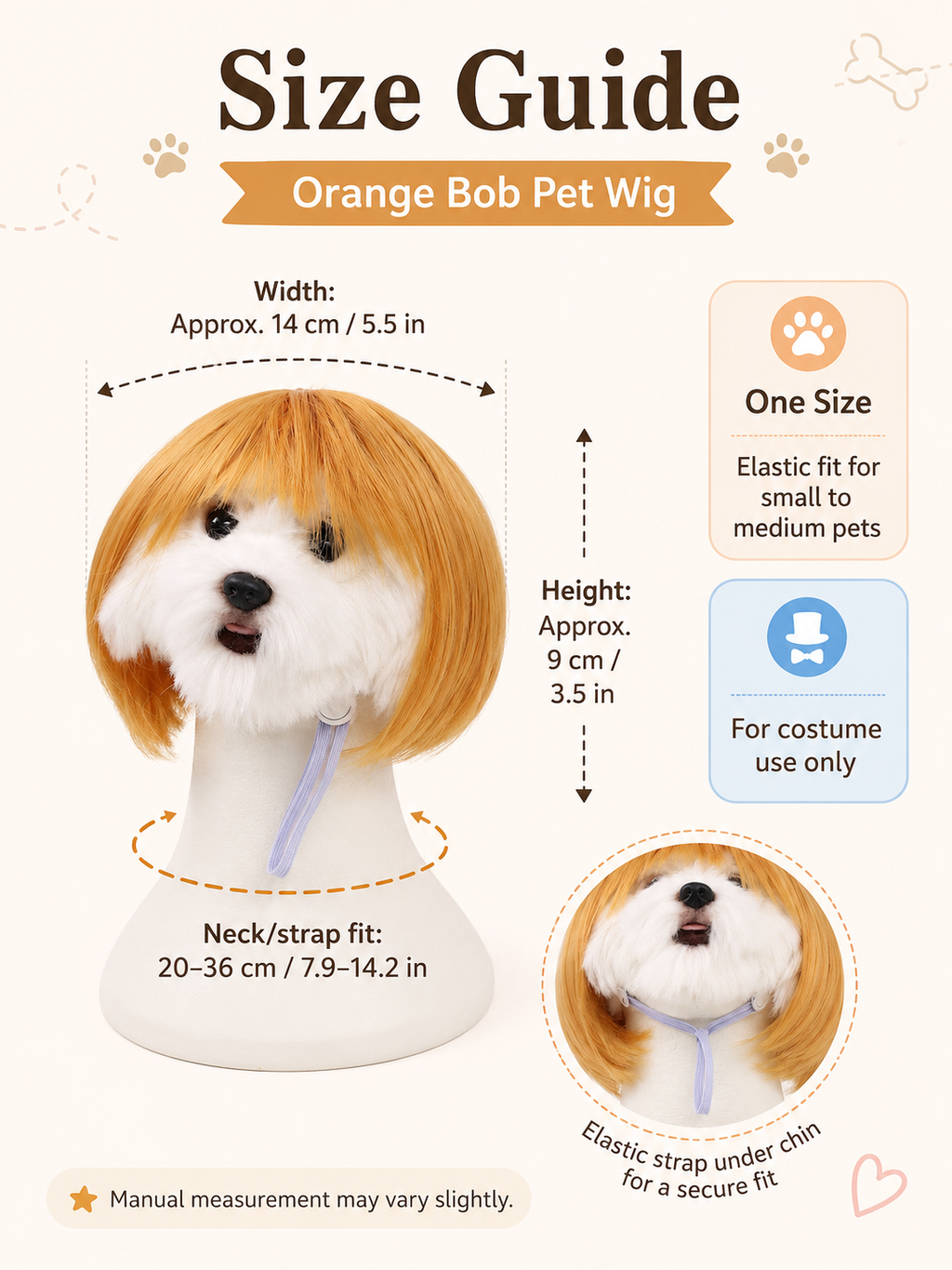 Orange Bob Pet Wig, Funny Silky Straight Bangs Dog Cat Costume Wig for Party Cosplay Photo Props
