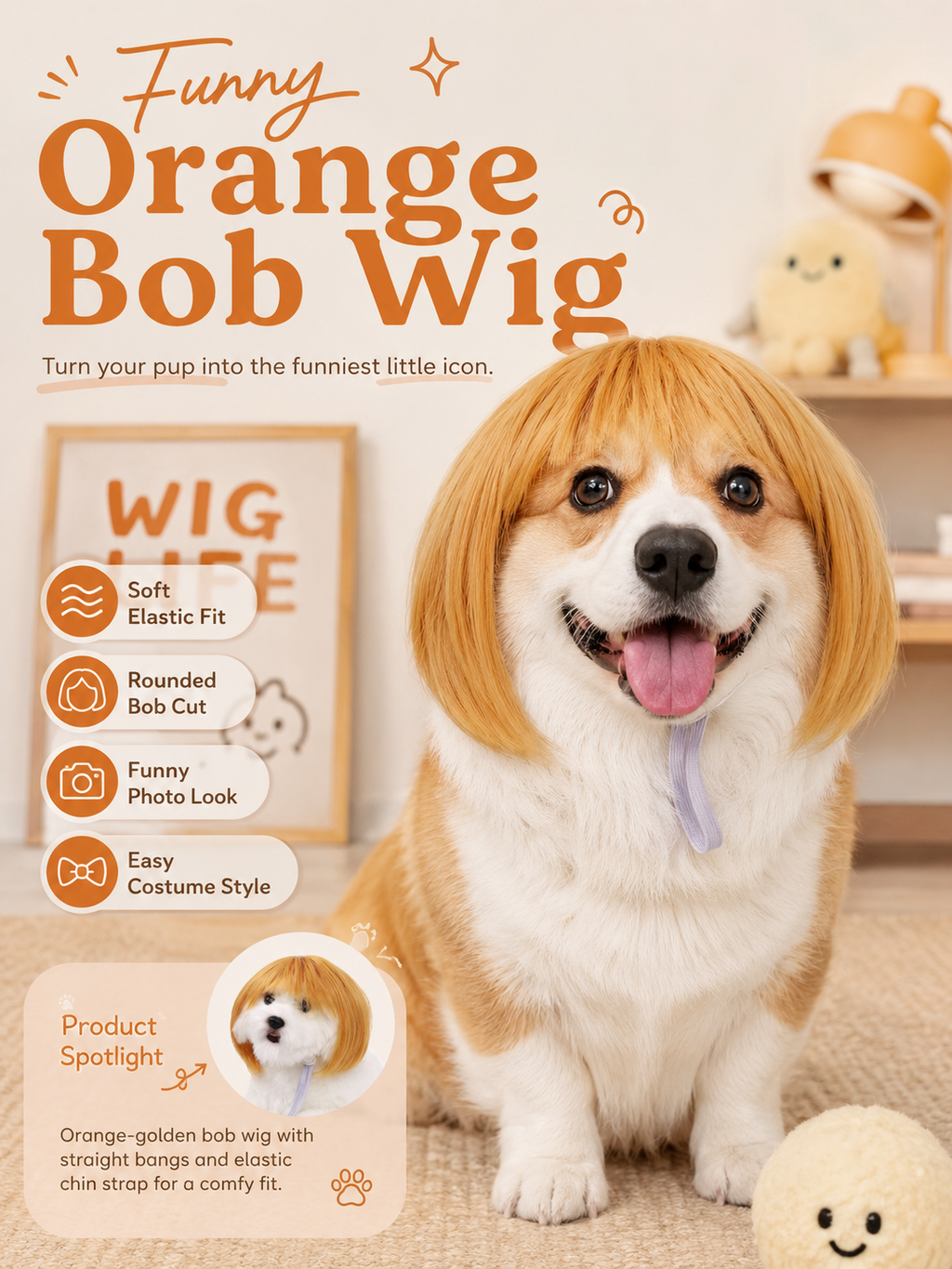 Orange Bob Pet Wig, Funny Silky Straight Bangs Dog Cat Costume Wig for Party Cosplay Photo Props