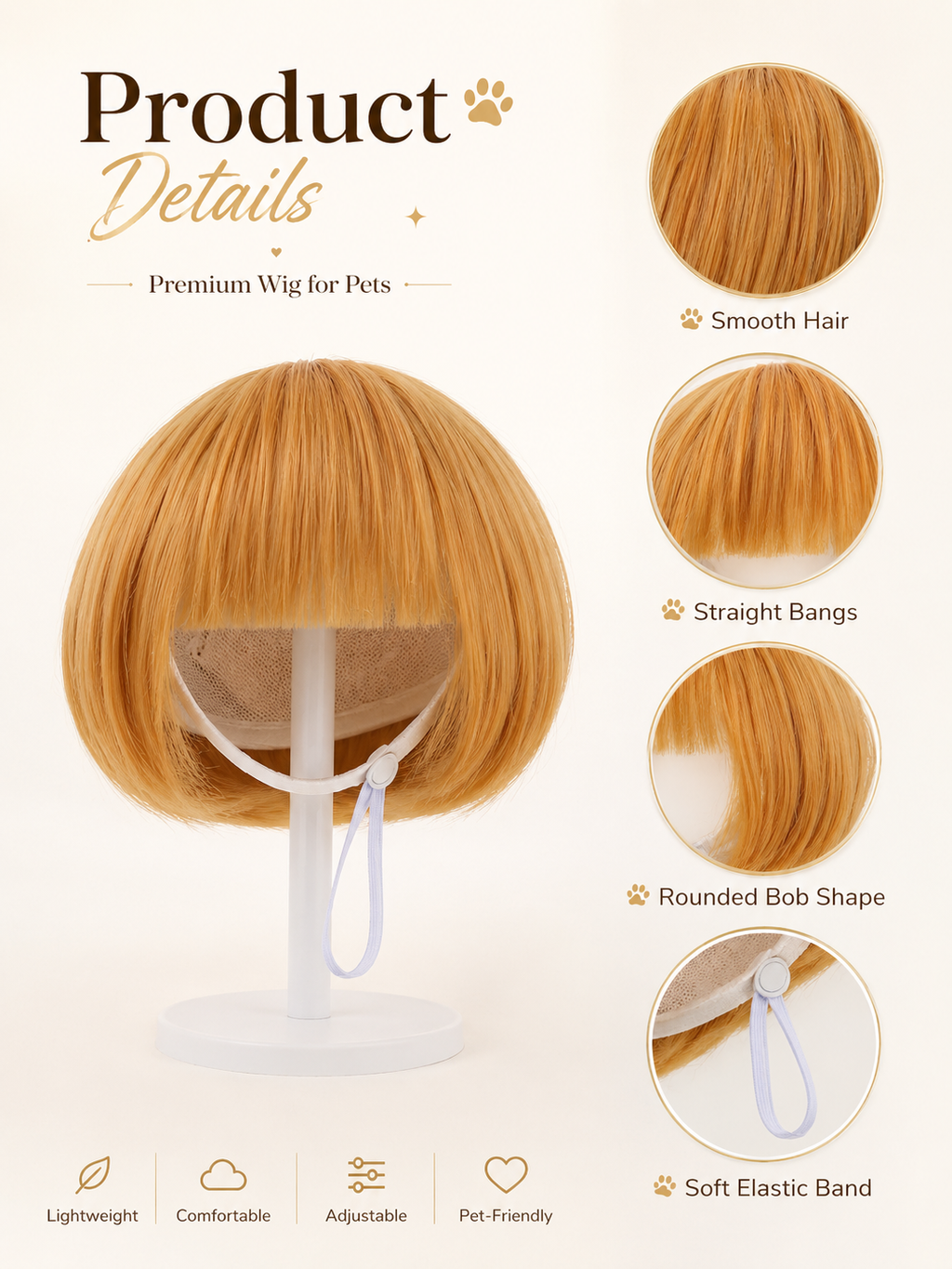 Orange Bob Pet Wig, Funny Silky Straight Bangs Dog Cat Costume Wig for Party Cosplay Photo Props