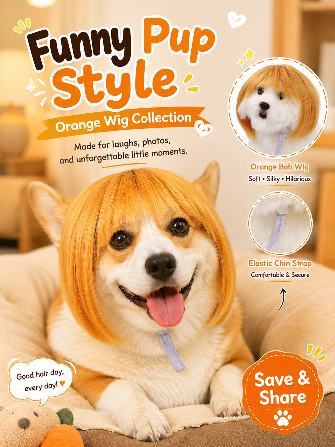 Orange Bob Pet Wig, Funny Silky Straight Bangs Dog Cat Costume Wig for Party Cosplay Photo Props