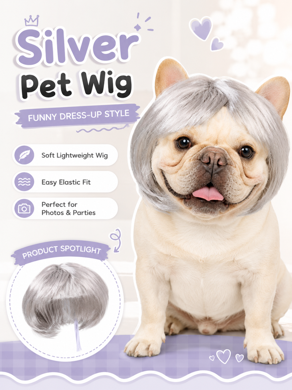 Silver Gray Bob Pet Wig, Funny Stylish Bangs Dog Cat Costume Wig for Cosplay Party Photo Props