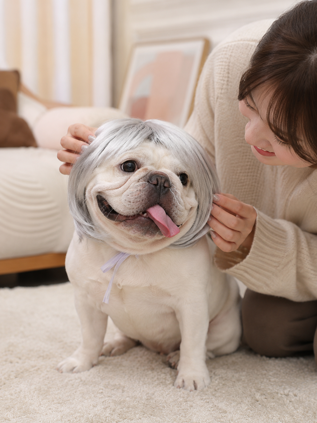 Silver Gray Bob Pet Wig, Funny Stylish Bangs Dog Cat Costume Wig for Cosplay Party Photo Props