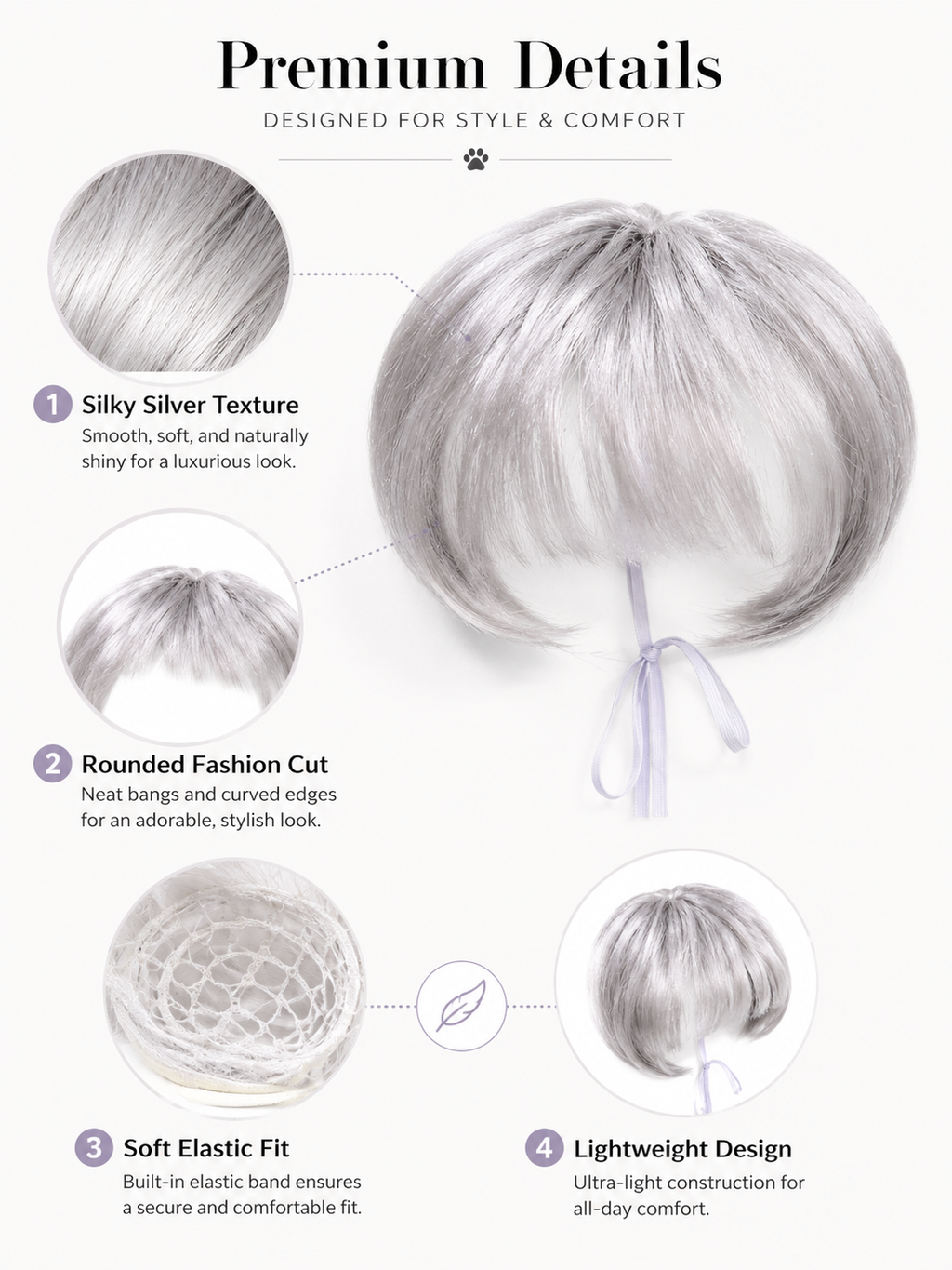 Silver Gray Bob Pet Wig, Funny Stylish Bangs Dog Cat Costume Wig for Cosplay Party Photo Props
