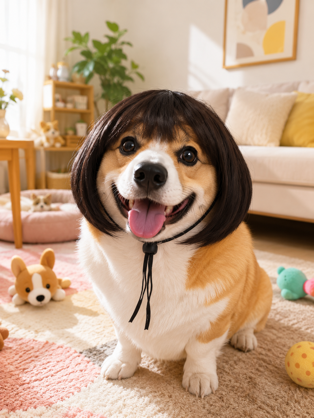 Dark Brown Bob Pet Wig, Cute Straight Bangs Dog Cat Costume Wig for Cosplay Party Photo Props