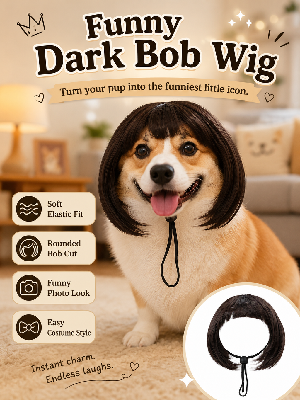 Dark Brown Bob Pet Wig, Cute Straight Bangs Dog Cat Costume Wig for Cosplay Party Photo Props