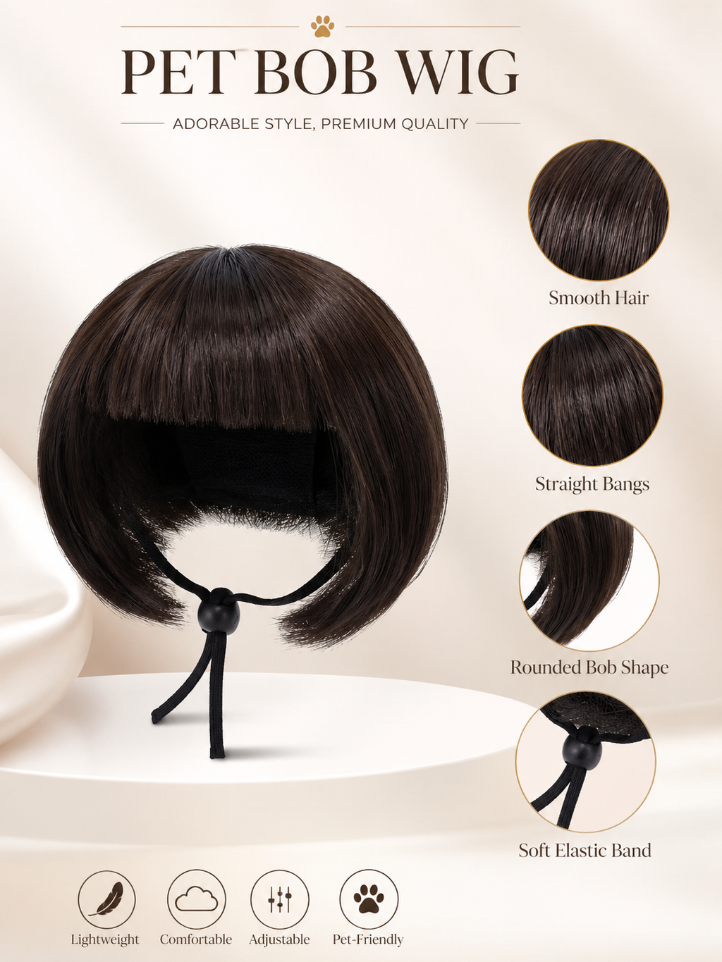 Dark Brown Bob Pet Wig, Cute Straight Bangs Dog Cat Costume Wig for Cosplay Party Photo Props
