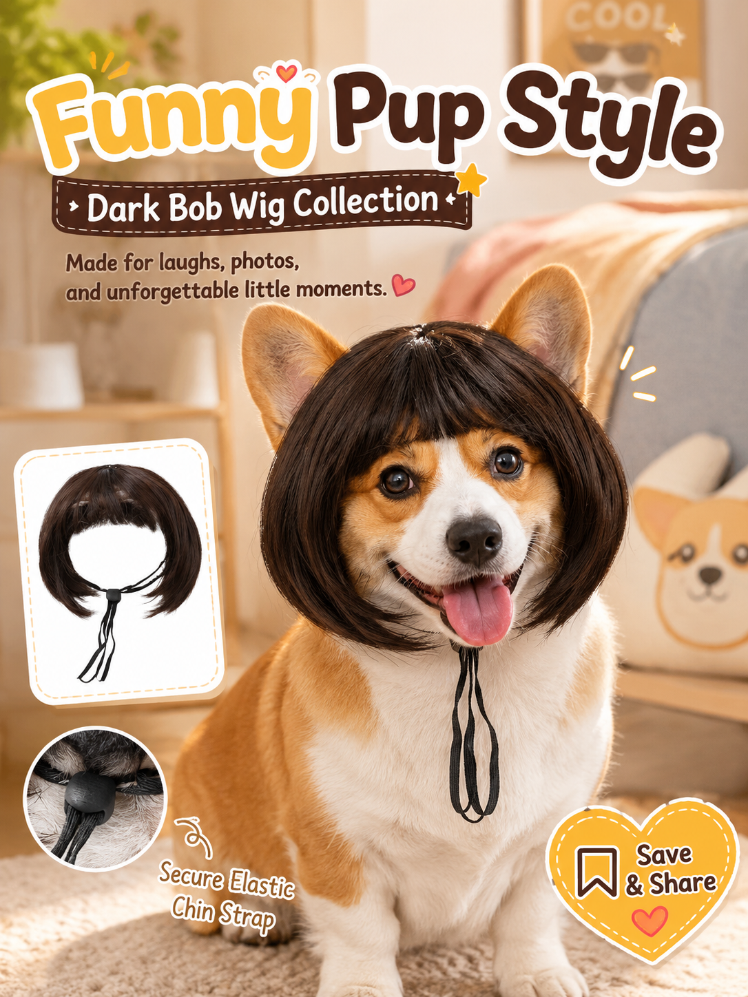 Dark Brown Bob Pet Wig, Cute Straight Bangs Dog Cat Costume Wig for Cosplay Party Photo Props