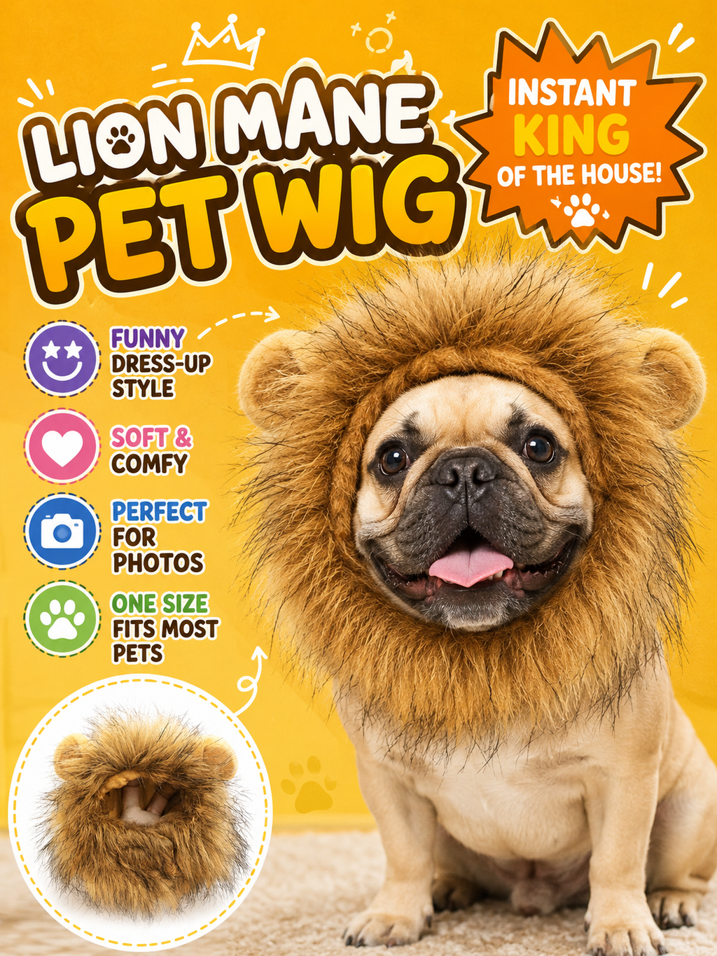 Pet Lion Mane Wig, Cute Lion Head Costume for Dogs Cats Funny Cosplay Party Photo Props