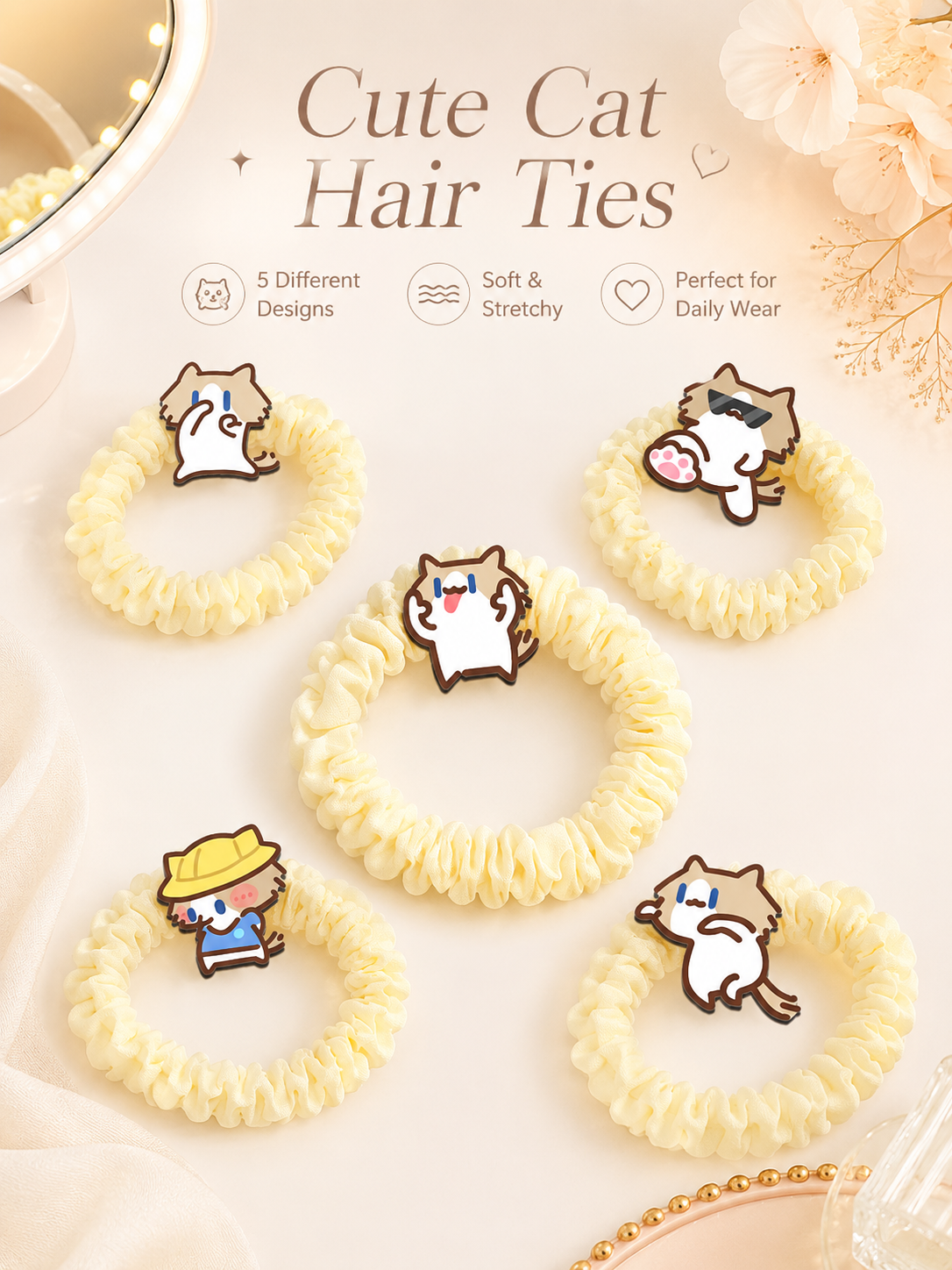Cute Cartoon Cat Scrunchies, Soft Elastic Bubble Hair Ties 5 Styles Kawaii Hair Accessories for Girls Daily Use
