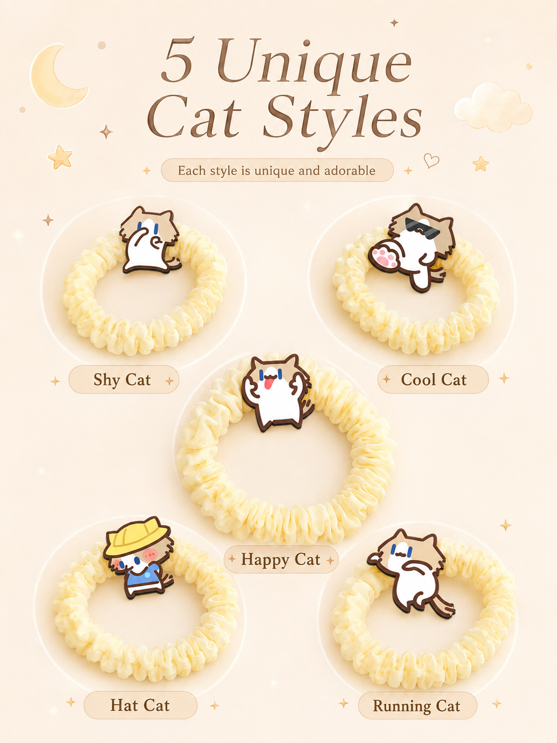 Cute Cartoon Cat Scrunchies, Soft Elastic Bubble Hair Ties 5 Styles Kawaii Hair Accessories for Girls Daily Use