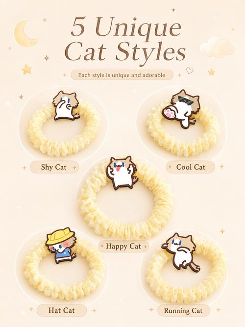 Cute Cartoon Cat Scrunchies, Soft Elastic Bubble Hair Ties 5 Styles Kawaii Hair Accessories for Girls Daily Use