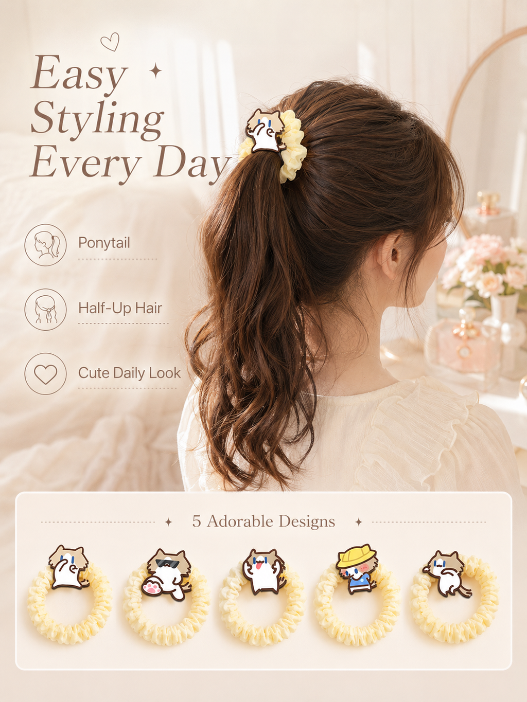 Cute Cartoon Cat Scrunchies, Soft Elastic Bubble Hair Ties 5 Styles Kawaii Hair Accessories for Girls Daily Use