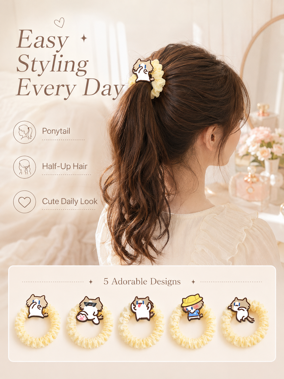 Cute Cartoon Cat Scrunchies, Soft Elastic Bubble Hair Ties 5 Styles Kawaii Hair Accessories for Girls Daily Use