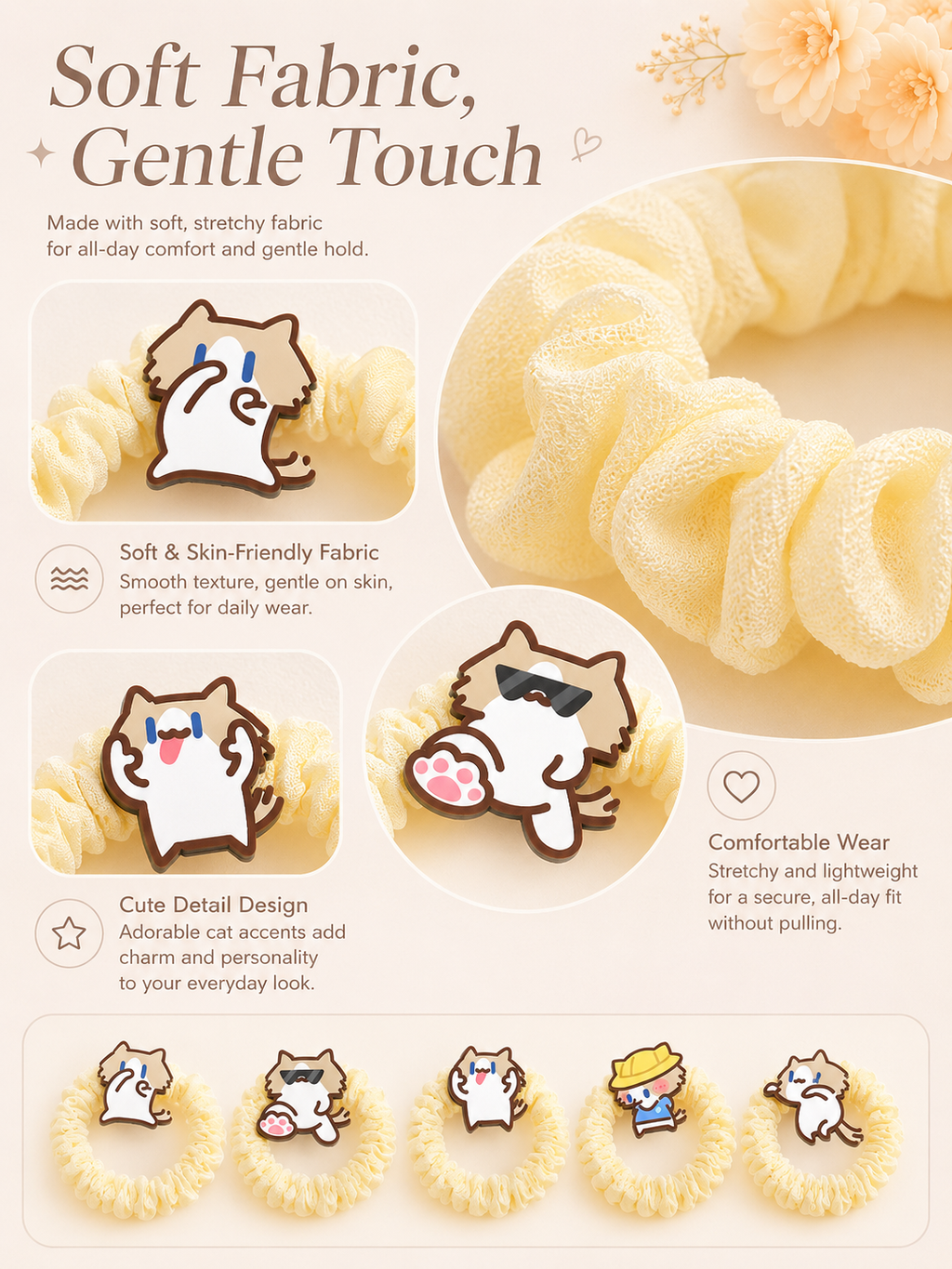 Cute Cartoon Cat Scrunchies, Soft Elastic Bubble Hair Ties 5 Styles Kawaii Hair Accessories for Girls Daily Use