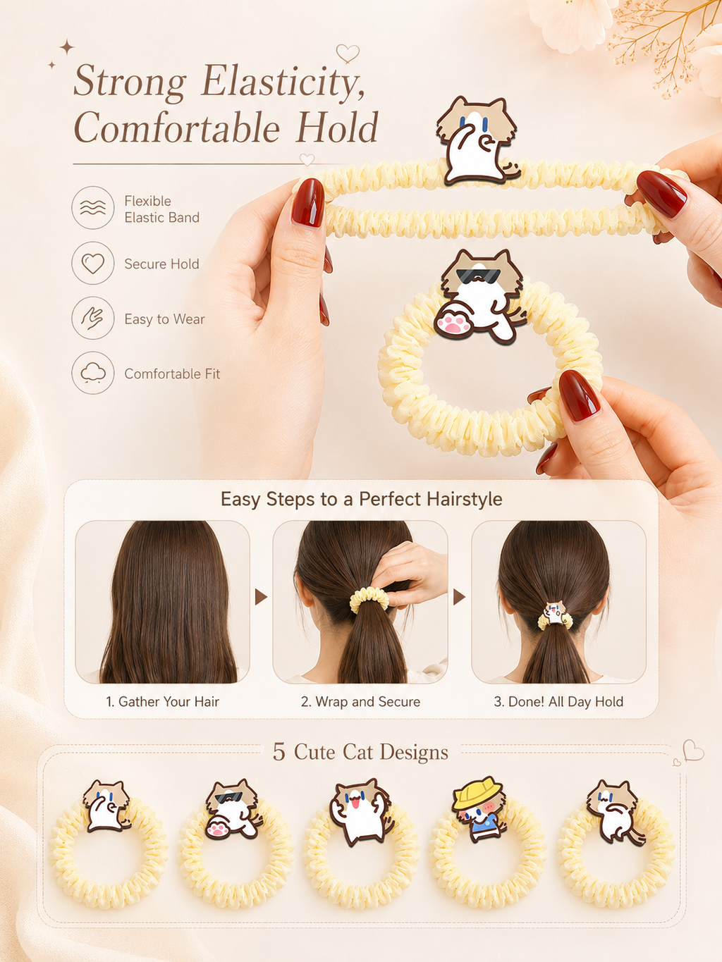 Cute Cartoon Cat Scrunchies, Soft Elastic Bubble Hair Ties 5 Styles Kawaii Hair Accessories for Girls Daily Use