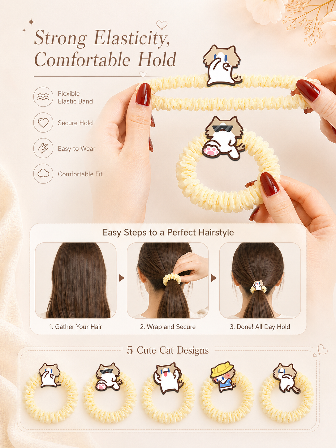 Cute Cartoon Cat Scrunchies, Soft Elastic Bubble Hair Ties 5 Styles Kawaii Hair Accessories for Girls Daily Use