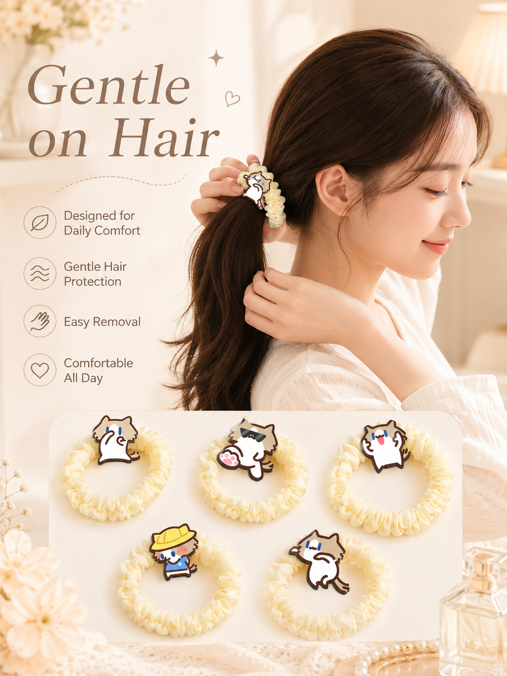 Cute Cartoon Cat Scrunchies, Soft Elastic Bubble Hair Ties 5 Styles Kawaii Hair Accessories for Girls Daily Use