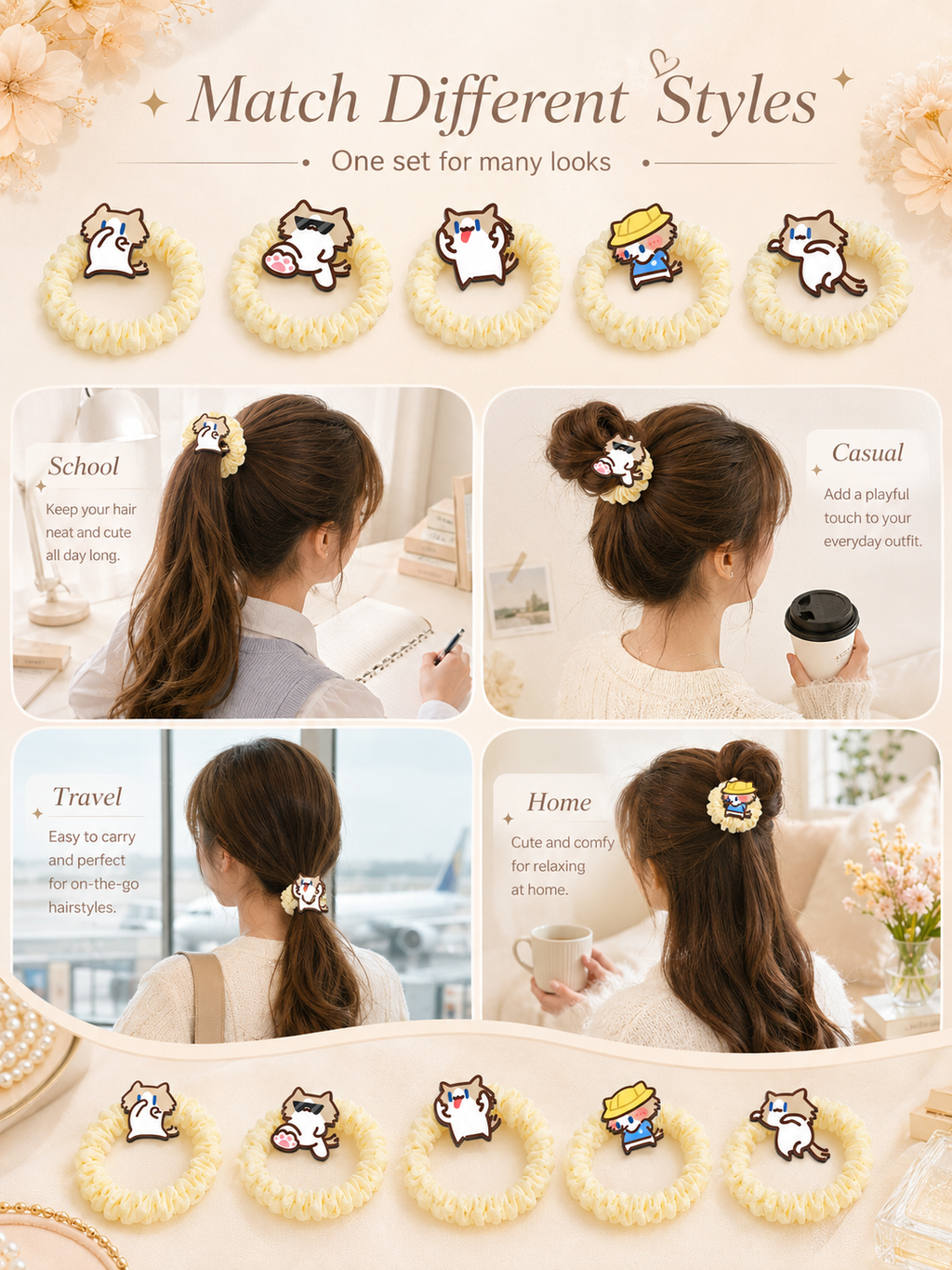Cute Cartoon Cat Scrunchies, Soft Elastic Bubble Hair Ties 5 Styles Kawaii Hair Accessories for Girls Daily Use