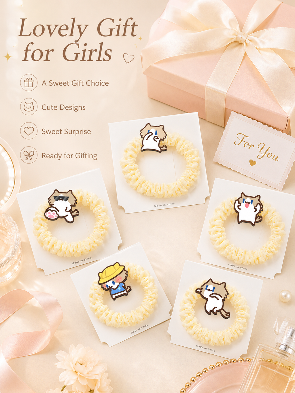 Cute Cartoon Cat Scrunchies, Soft Elastic Bubble Hair Ties 5 Styles Kawaii Hair Accessories for Girls Daily Use